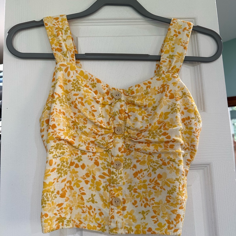 Yellow Floral Button-Front Crop Tank Top